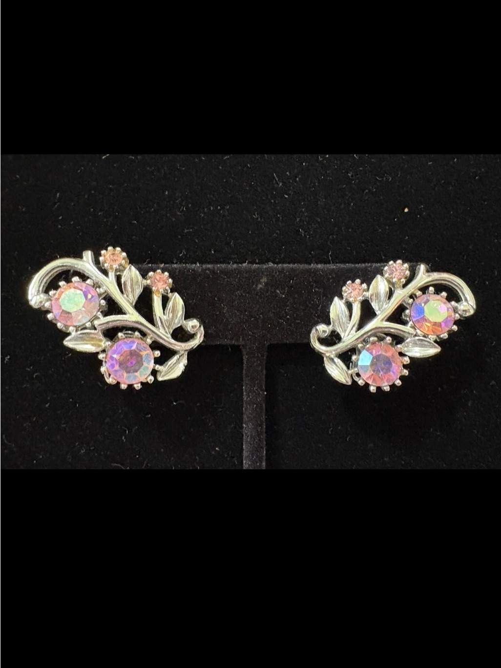 Vintage Midcentury Coro Pink Ab Rhinestone Silver Tone Clip On Earrings Estate